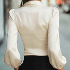 Women's Elegant Solid Color V-Neck Satin Long Sleeve Blouse, Tie Waist Professional Office Shirt For Spring Autumn