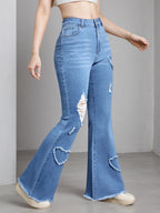 2025 New Women'S High-Stretch Flare Jeans With Heart Embroidery Patchwork - Trendy Distressed Denim Bell Bottoms, Comfortable & Versatile Light Blue Casual Pants,Fashion And Leisure