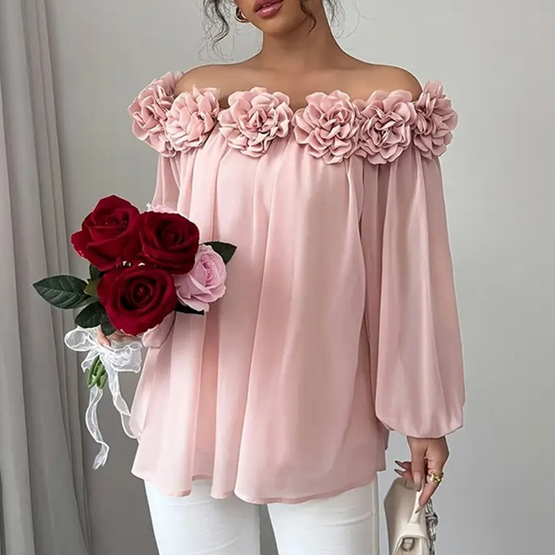 Women's 3D Floral Off Shoulder Blouse, Elegant Long Sleeve Ruffle Sheer Shirt For Party, Evening Dressy Top