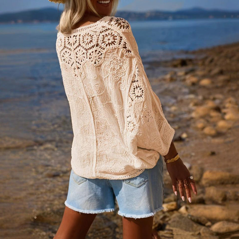 Women's V-Neck Button-Up Lace Cardigan Semi-Sheer Geometric Pattern Mid-Long Sleeve Lightweight Beach Spring&Summer Fashion
