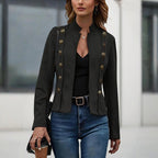 Women's Stand Collar Double-Breasted Jacket - Solid Color Long Sleeve Streetwear Coat Lightweight Spring&Fall Fashion