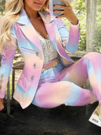 2025 Gradient Color Elegant Suit Jacket Set, Women's Suit Pants Set, Double Breasted Flip Leader Suit Jacket And Pants Clothing, Fashionable Women's Clothing