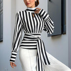 Elegant Women's Striped Tie-Waist Blouse, High Neck Long Sleeve Shirt With Cut-Out Detail