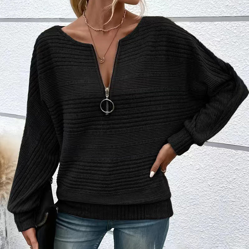Women's Elegant Batwing Sleeve Half-Zip Top, Ribbed Texture Pullover For Casual To Formal Autumn Winter Wear