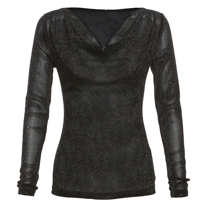 Women's Sparkly Mesh Top - Long Sleeve See Through Sexy Blouse For Party & Club