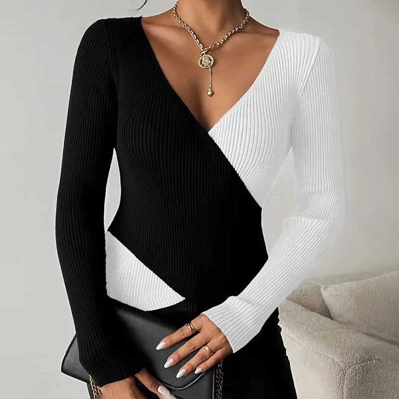 Women's Elegant V-Neck Cross Front Sweater, Color Block Knit Top For Spring And Fall Layering