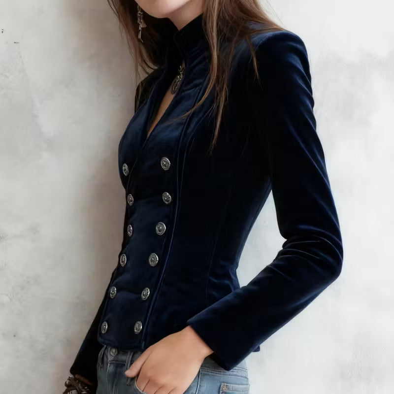 Women's Solid Color Velvet Blazer, Double-Breasted V-Collar Long Sleeve Jacket With Waist Definition