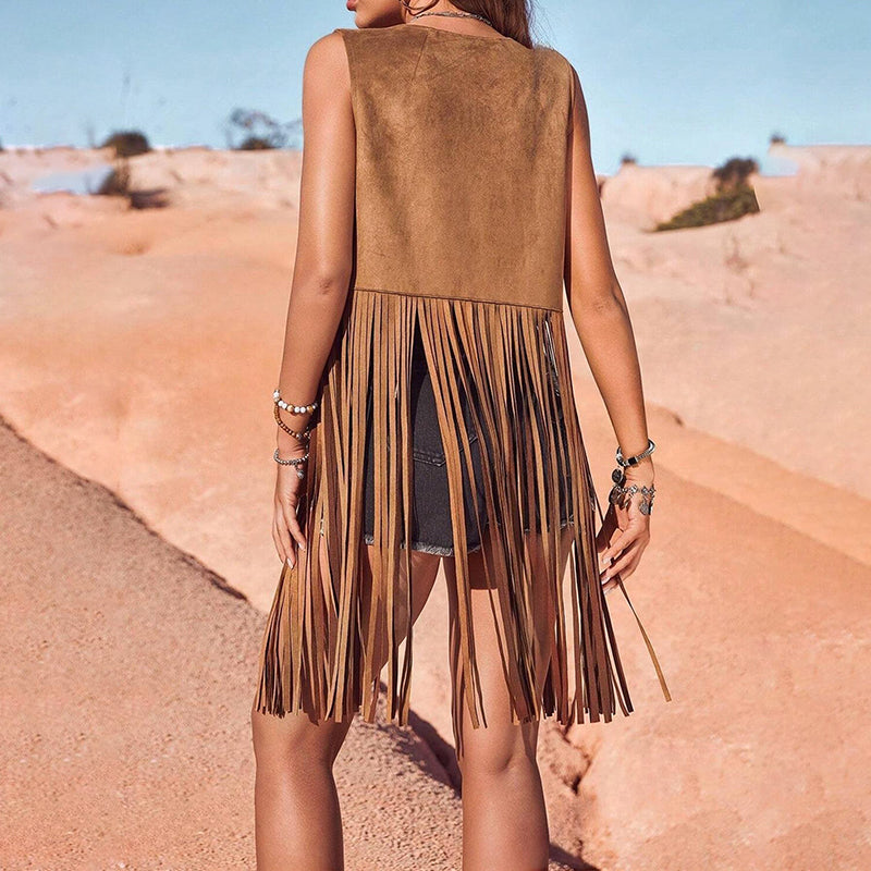 Women's Fringe Vest Sleeveless 70s Hippie Faux Suede Trim Western Cowgirl Tassel Jacket Cardigan