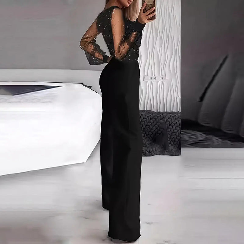 Women's Sexy Solid Color Deep V-Neck Tulle & Sequin Straight Leg Jumpsuit With Pockets For Spring&Summer Wear