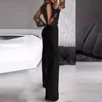 Women's Sexy Solid Color Deep V-Neck Tulle & Sequin Straight Leg Jumpsuit With Pockets For Spring&Summer Wear