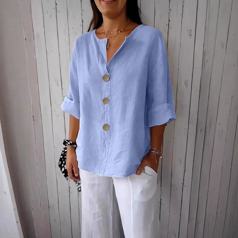 Loose Comfort And Casual V-neck Cotton And Linen Button Top