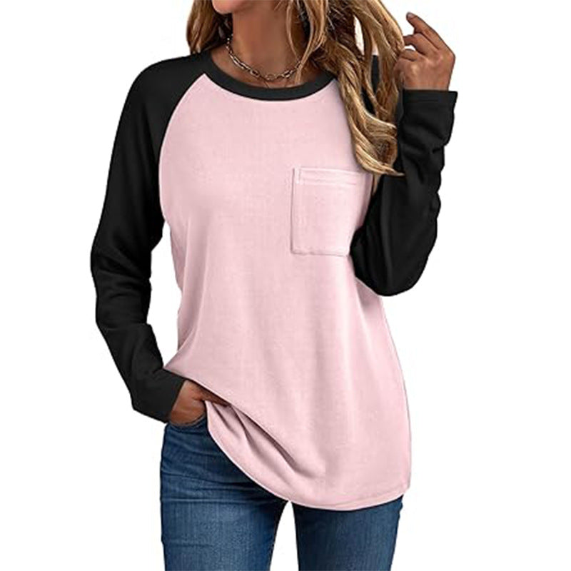 Women's Color Block Raglan Tee, Long Sleeve Crewneck Casual Top For Spring Fall