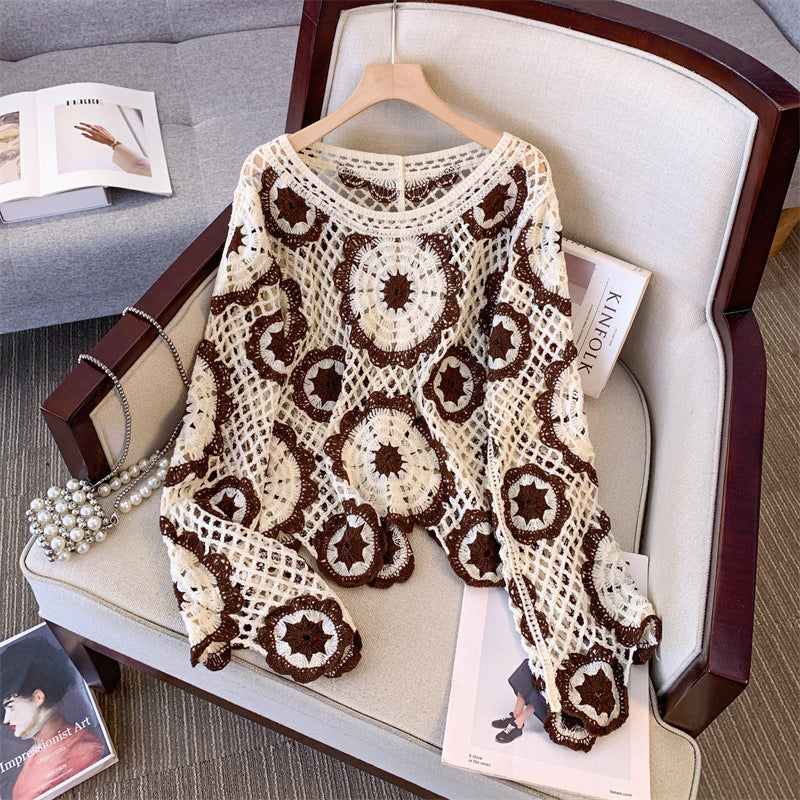 Women's Crochet Lace Yoke Sweater, Geometric Pattern Long Sleeve Pullover With Eyelet Embroidered Trim