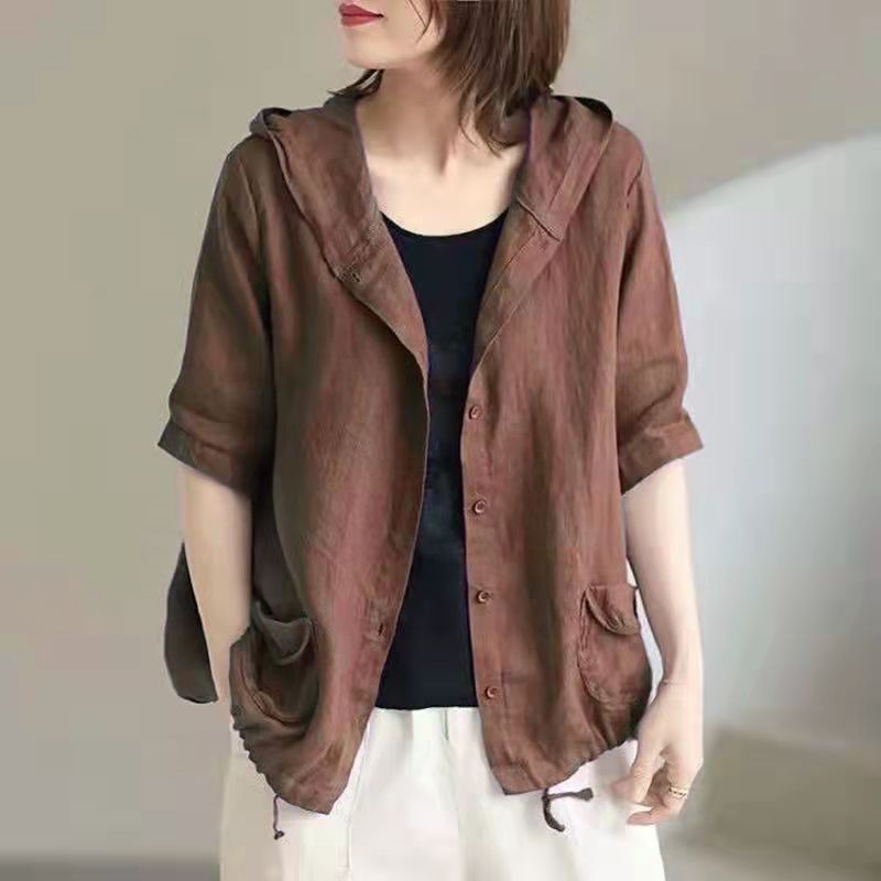 Women's Large Loose Vintage Cotton And Linen Casual Thin Hooded Cardigan