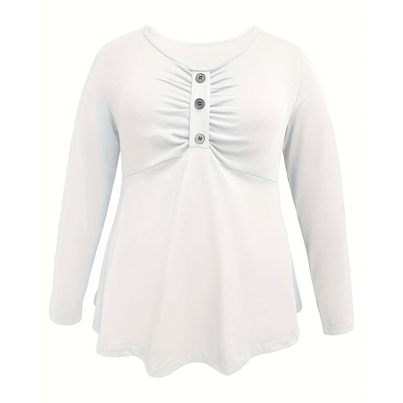 Plus Size V-Neck Tunic Top - Loose Fit Casual Blouse With Button Detail & Pleats For Spring Fall