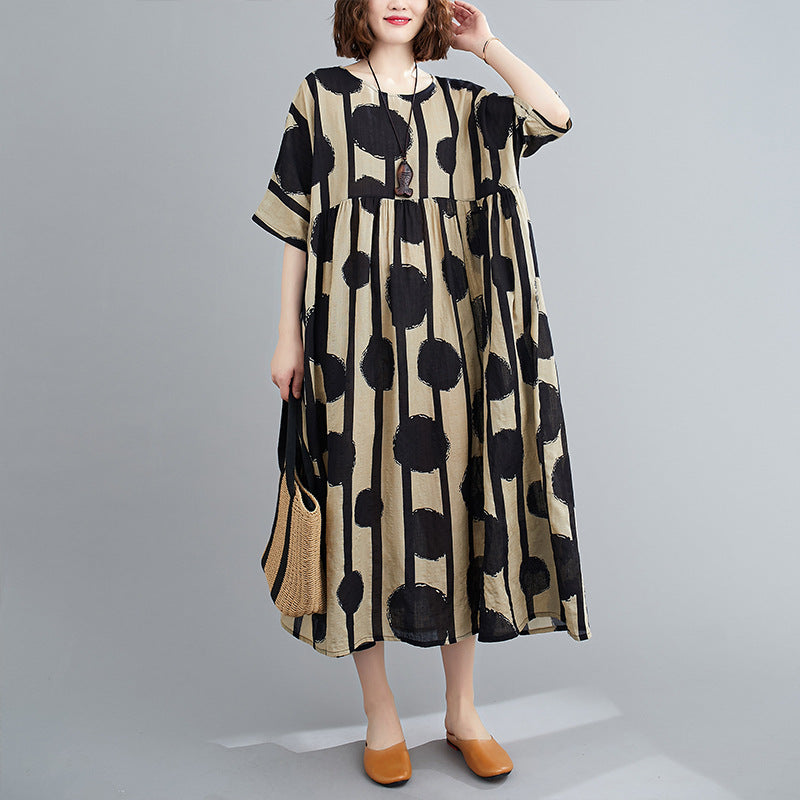 Literary Fat MM Large Size Loose Print Short Sleeve Dress