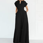 Women's V-Neck Solid Color Short Sleeve Jumpsuit Wide Leg A-Line Waist Tied Casual Summer Outfit