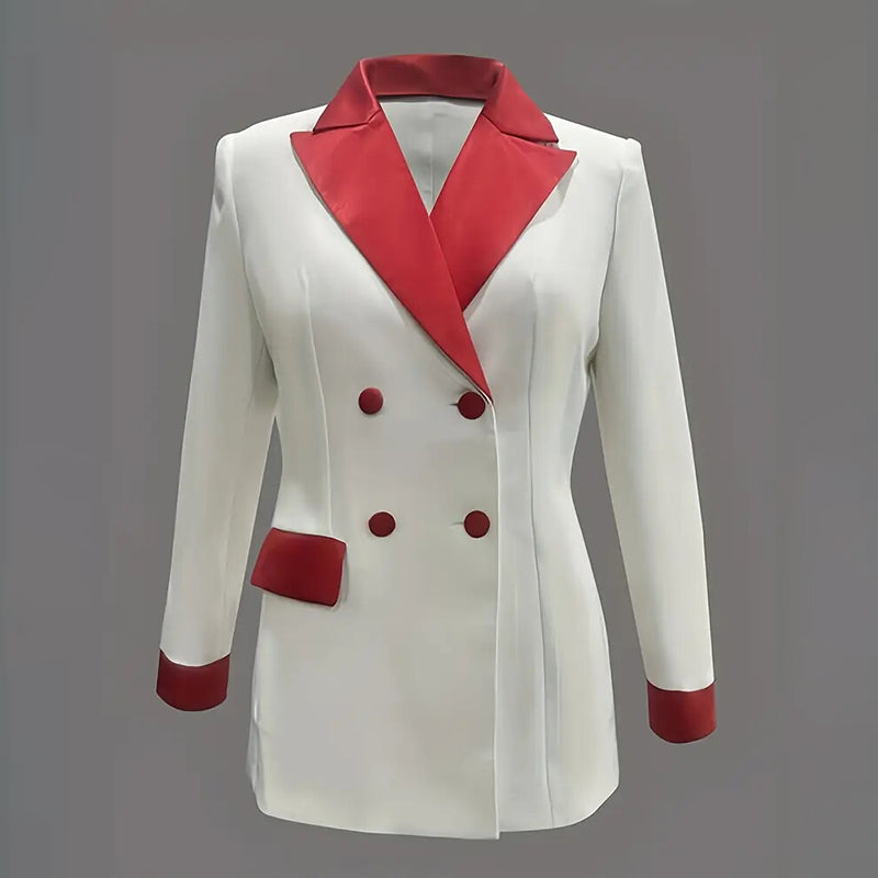 Women's Classic Notch Lapel Blazer, Double-Breasted Long Sleeve Jacket With Color-Block Waist Definition