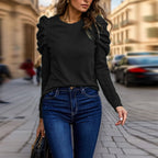 Women's Elegant Puff Sleeve Top, Ruffle Detail Long Sleeve Knit Blouse For Autumn And Winter