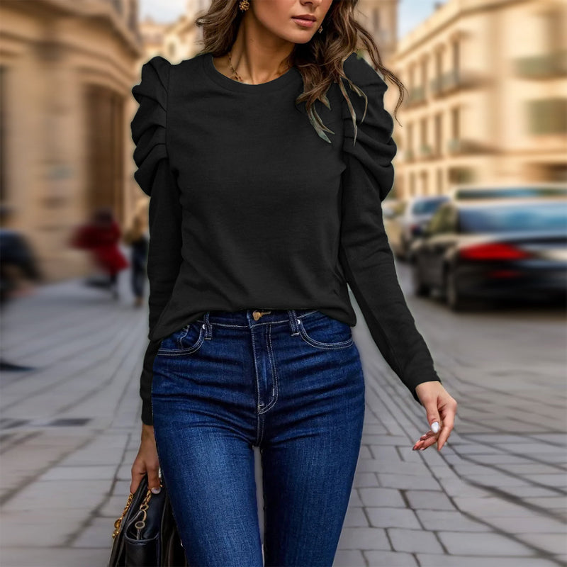 Women's Elegant Puff Sleeve Top, Ruffle Detail Long Sleeve Knit Blouse For Autumn And Winter