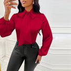 Women's Elegant Satin Blouse With Tie Neck, Ruffle Detail Long Sleeve Pullover For Spring And Fall Formal Wear