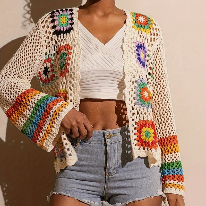 Women's Elegant Crochet Cardigan - Long Sleeve Open Front Vibrant Color Block Coat