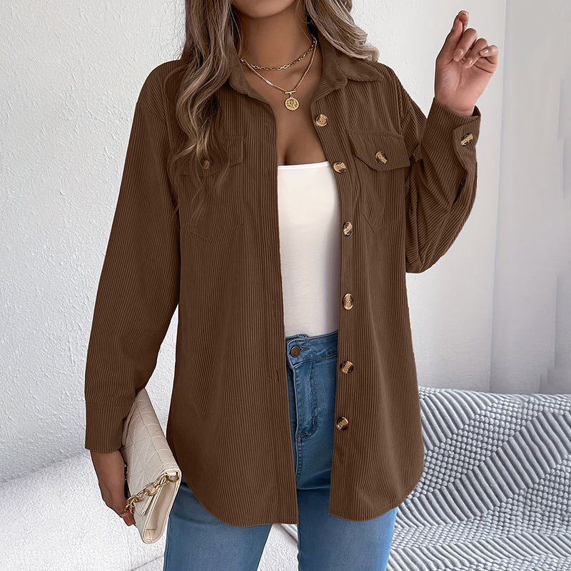 Women's Corduroy Shirt Jacket, Lapel Long Sleeve Button-Down Coat For Casual And Office Wear