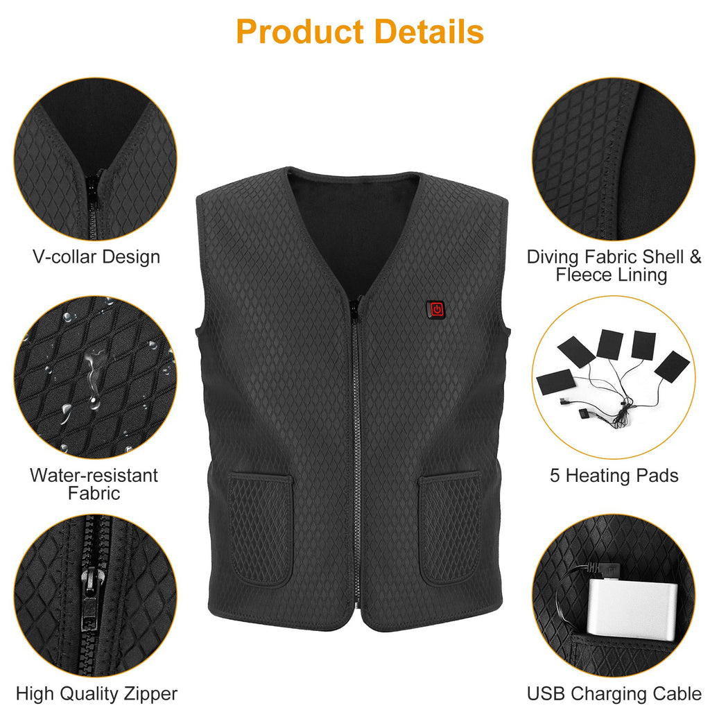 1Pc Heat Jacket Vest 3 Heating Gear Adjustable USB Heated Vest Warm Heat Coat Vest With 5 Heating Zones For Men Women Winter Outdoor Activity