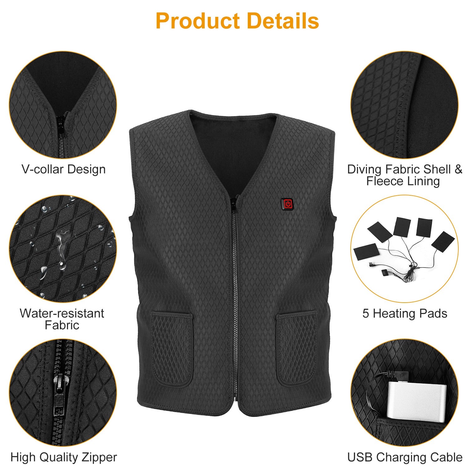 1Pc Heat Jacket Vest 3 Heating Gear Adjustable USB Heated Vest Warm Heat Coat Vest With 5 Heating Zones For Men Women Winter Outdoor Activity