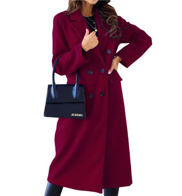 Women's Fashion Simple Double Breasted Long Sleeve Lapel Button Woolen Coat