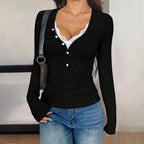 Women's Lace V-Neck Top, Long Sleeve Slim Fit Spring Fall Shirt