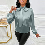 Women's Elegant Satin Blouse With Tie Neck, Ruffle Detail Long Sleeve Pullover For Spring And Fall Formal Wear