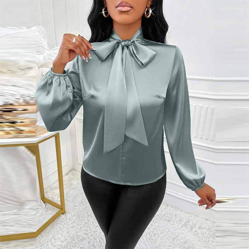 Women's Elegant Satin Blouse With Tie Neck, Ruffle Detail Long Sleeve Pullover For Spring And Fall Formal Wear