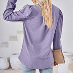 Women's Puff Sleeve V-Neck Blouse, Loose Long Sleeve Casual Work Top