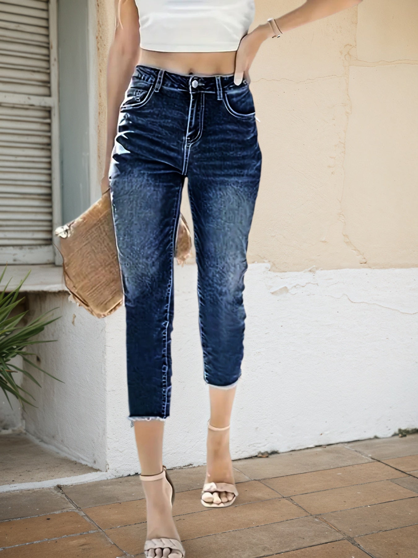 Women's Stretch Slim Fit Seven Quarter Denim Pants - High Stretch Frayed Edge Pocket Mid Waist Denim Seven Quarter Pants, Shallow Water Washed Blue Casual Elegant Versatile, Comfortable Fit, Durable C