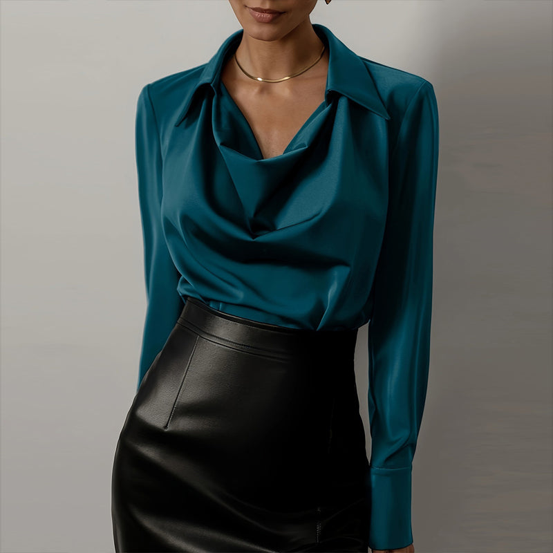 Women's Solid Color Long Sleeve Cowl Neck Blouse With Draped Detail - Elegant Office Formal Shirt For Spring&Fall