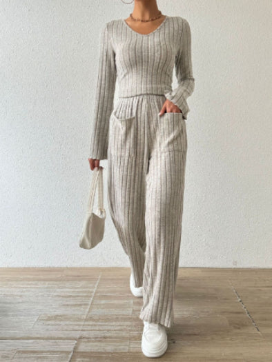 Long Sleeve Turtlenecks Wide Leg High Waist Trousers Suit