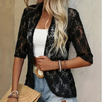 Women's Floral Lace 3 4 Sleeve Bolero Shrugs Sheer Open Front Cardigan Blazer