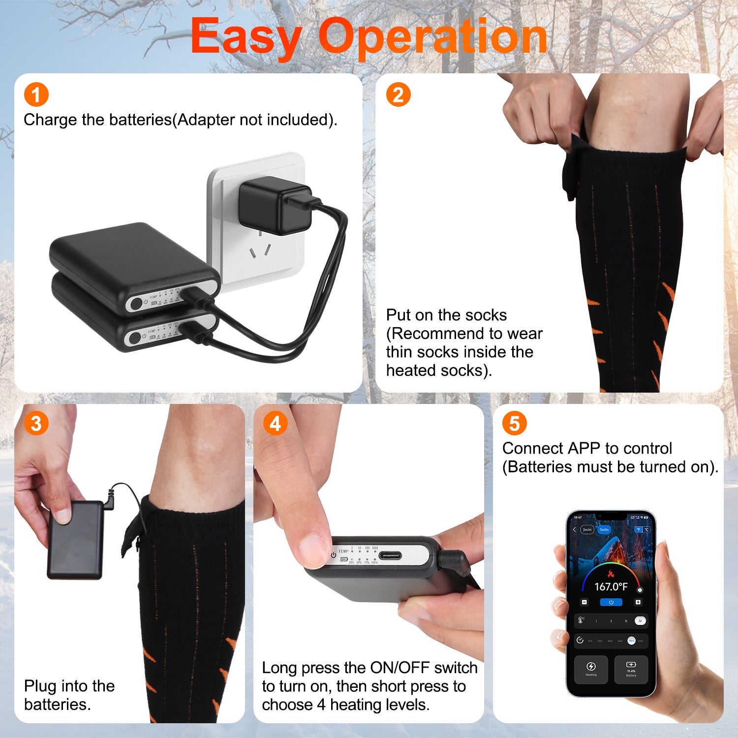 2 Types Options -- 1 Pair Of Heated Socks For Men Women Electric Heating Socks With APP Control 5000mAh Battery Rechargeable Thermal Socks Winter Warm Socks For Skiing Hiking Camping Hunting