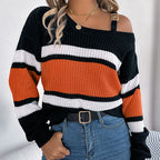 Women's Cold Shoulder Sweater - Fall Color Block Long Sleeve Pullover