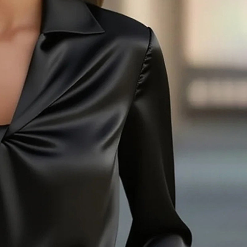 Women's Elegant Solid Color Satin Ruffle Blouse, V-Neck Long Sleeve Shirt For Daily Wear And Dates