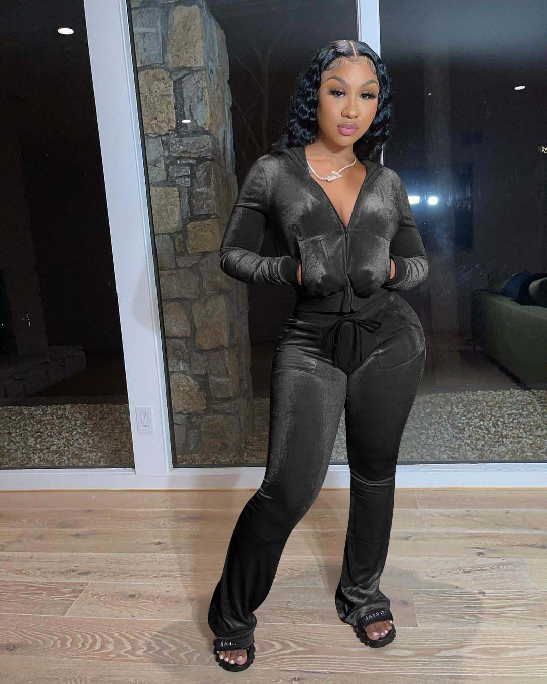 Gold Velvet Pocket Hooded Zip Sweatshirt Wide Leg Pants