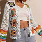 Women's Elegant Crochet Cardigan - Long Sleeve Open Front Vibrant Color Block Coat