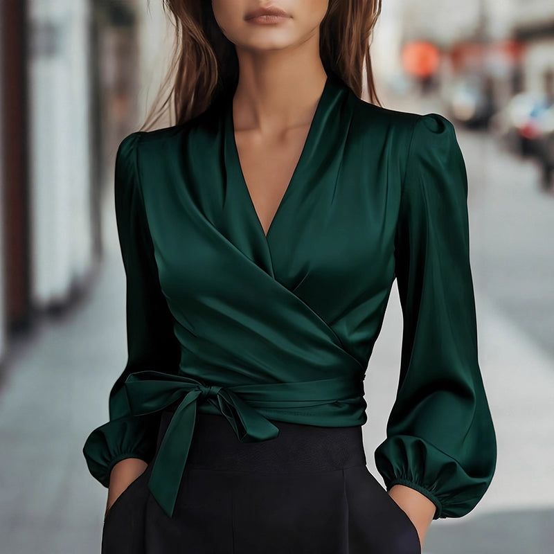 Women's Elegant Solid Color V-Neck Satin Long Sleeve Blouse, Tie Waist Professional Office Shirt For Spring Autumn