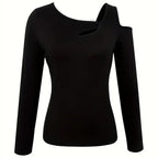 Women's Cut Out Off Shoulder Top - Long Sleeve Plain Tee For Holiday, Spring & Autumn