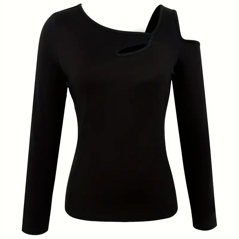 Women's Cut Out Off Shoulder Top - Long Sleeve Plain Tee For Holiday, Spring & Autumn