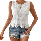 Womens Floral Lace Tank Top Sleeveless Blouse Crew Neck Hollow Out Summer Casual Shirt