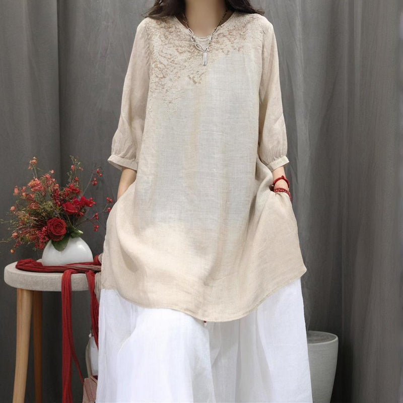 Women's Solid Color Round Neck Embroidered Long Sleeve T-Shirt - Vintage Floral Design Spring Summer Casual Comfort