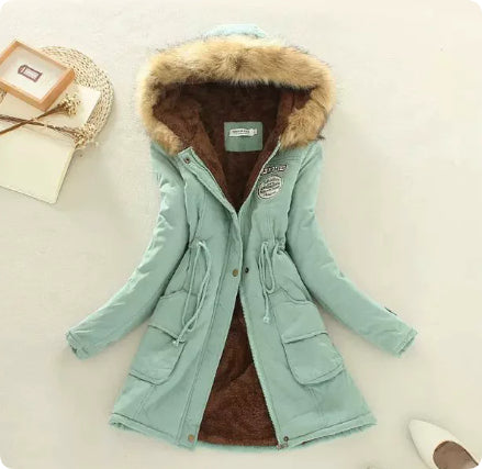 Long Women's Cotton-Padded Jacket With Wool Collar