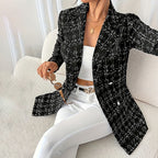 Elegant Women's Plaid Double-Breasted Blazer, Notch Lapel Long Sleeve Tweed Jacket For Office And Casual Wear